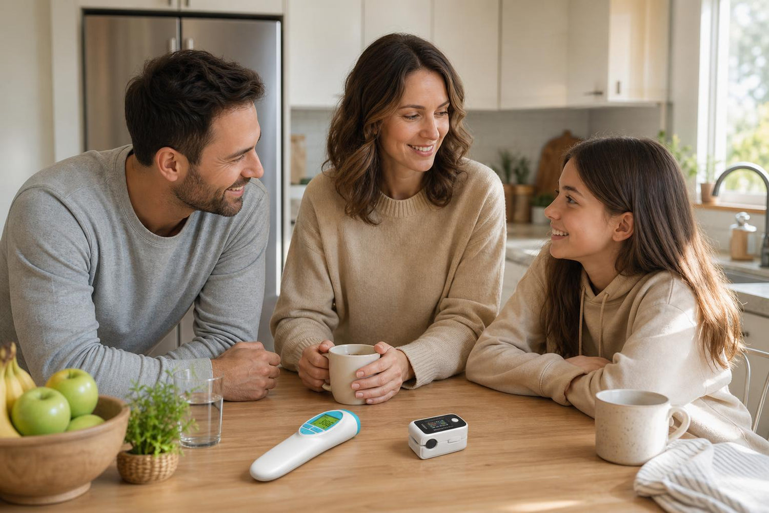 Familia usando productos SANOSCOPE en la cocina